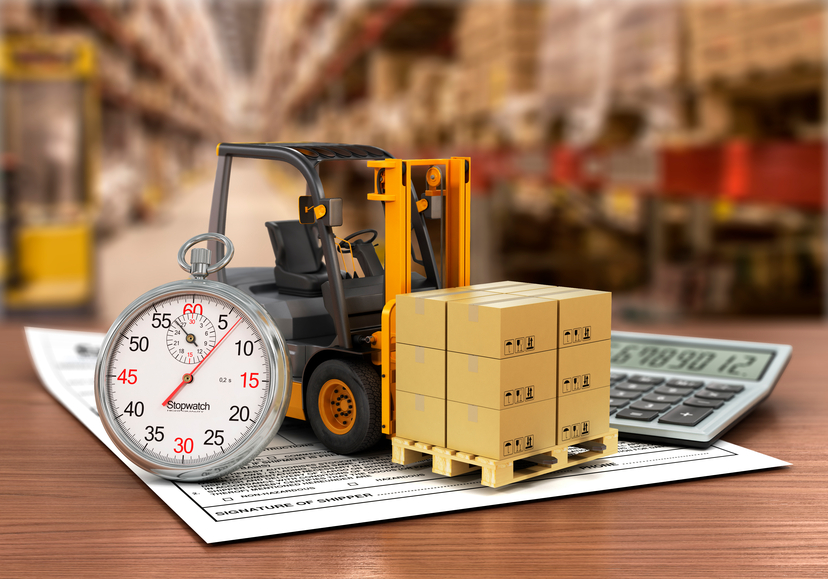 Forklift truck with boxes and stopwatch on the storage. Express delivery concept.