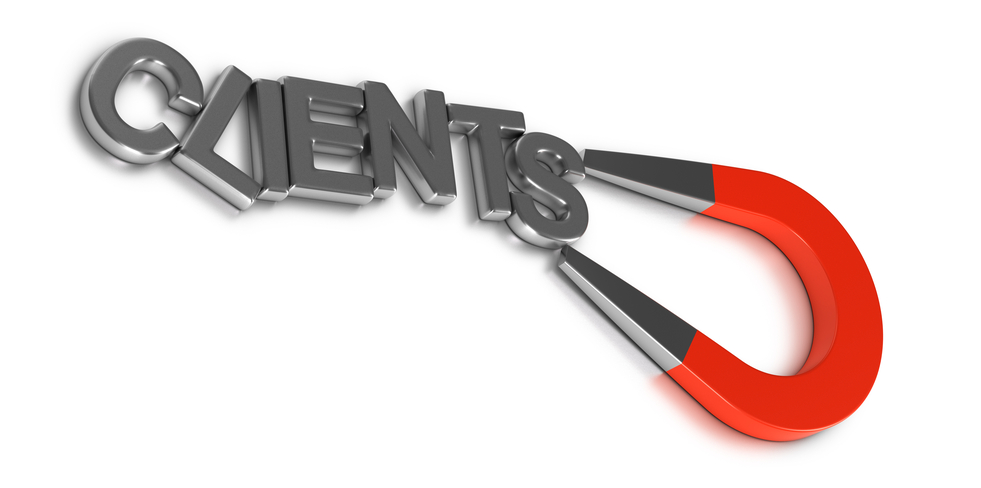 Client retention illustration concept, word clients attracted and retained by a magnet over white background