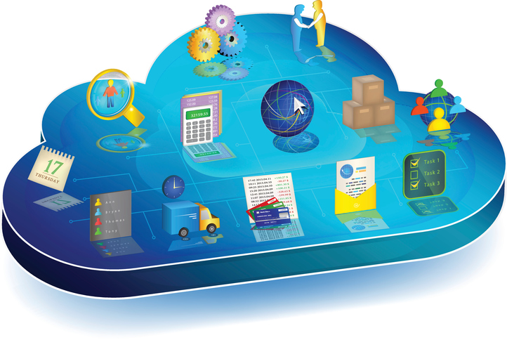 Blue 3d cloud with enterprise process management icons on it: Accounting, Inventory, Client Relationships, Electronic Document Interchange, Banking, Logistics, Scheduler, Personnel Management.