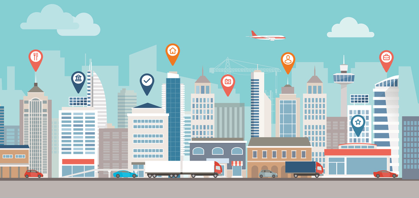 City skyline, street and location pins: urban lifestyle and navigation concept